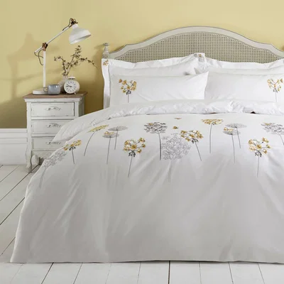 Dunelm Hydrangea Floral Ochre Embroidered Duvet Cover and Pillowcase Set Yellow, White and Brown