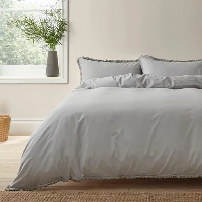 Dunelm Bridget Grey Fringed 100% Cotton Duvet Cover and Pillowcase Set Grey