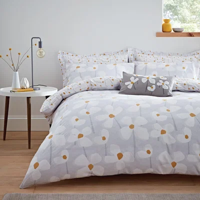Dunelm Elements Lena Reversible Grey Duvet Cover and Pillowcase Set Grey, Yellow and White