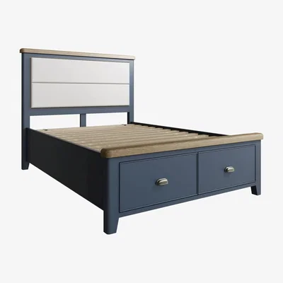Downtown Hexham Painted Blue Bed With Fabric Headboard & Drawer Footboard Set