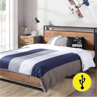 The Range Charlie Wood  Black Metal Bed Frame with USB Ports - Espresso & Black Metal / Single