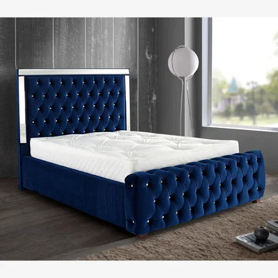 The Range Eberta Mirrored Upholstered Plush Velvet Bed Frame - Blue / Single