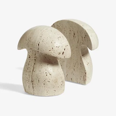 OKA OKA, Pair of Muscaria Mushroom Bookends - Travertine, Bookends, Stoneware