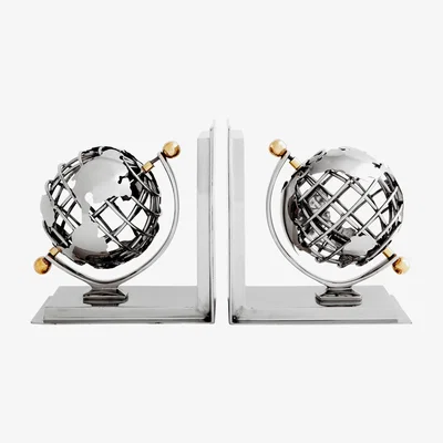 Olivia's Eichholtz Set of 2 Globe Bookend Nickel Finish and Polished Brass