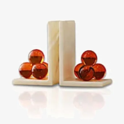 Wolf & Badger White / Red Marble Bookends With Amber Crystal Spheres,Set Of Two | Marleth