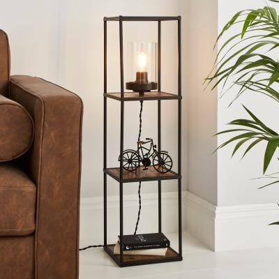 Dunelm Fulton Midi Shelved Floor Lamp Rustic Pine and Black Pine (Brown)