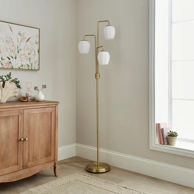 Dunelm Frosted Tulip 3 Light Ribbed Glass Adjustable Floor Lamp Gold
