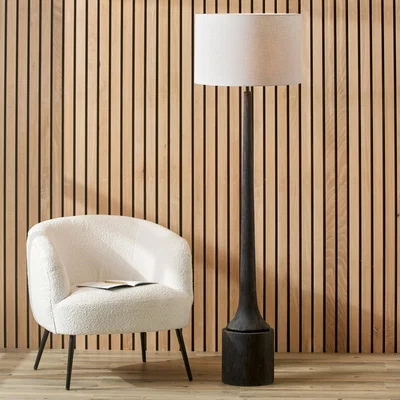 Dunelm Marin Black Wood Tall Neck Floor Lamp with 45cm White Linen Drum Shade Black