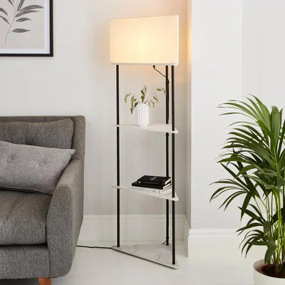 Dunelm Aiko Corner Shelved Floor Lamp Black and Faux Marble Marble