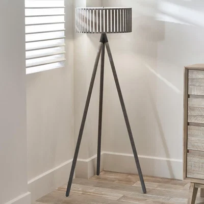 Dunelm Rabanne Wooden Slat Tripod Floor Lamp Grey