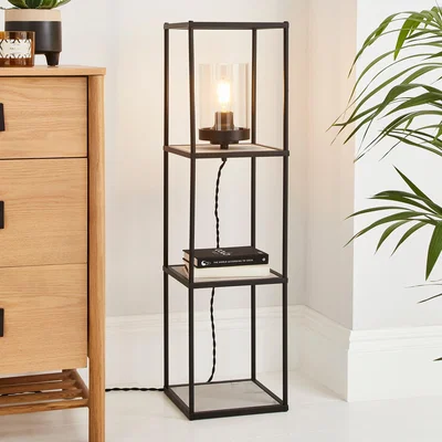 Dunelm Aiko Midi Shelved Floor Lamp Black and Faux Marble Marble