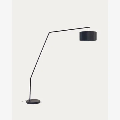 Kave Home Ciana floor lamp in black finished metal with a cotton lampshade UK adapter