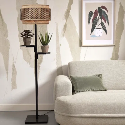 Made in Design Floor lamp Bhutan cane & fibres wood bamboo & black wood / 2 shelves - H 160 cm - GOOD&MOJO