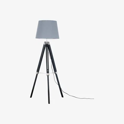 The Range Modern Black Wood And Silver Chrome Tripod Floor Lamp With Grey Light Shade - Black