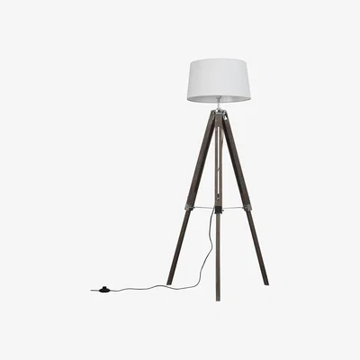 The Range Modern Distressed Wood And Silver Chrome Tripod Floor Lamp With White Shade - White