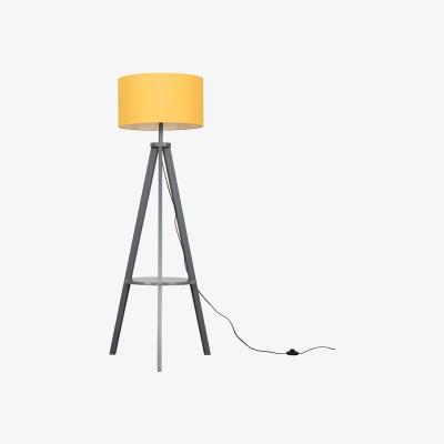 The Range Grey Wood Tripod Design Floor Lamp With Storage Shelf And Mustard Drum Shade - Grey