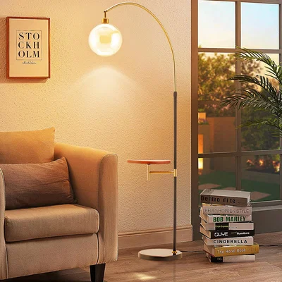The Range Adjustable Arc Floor Modern Lamp with Wood Tray - Black