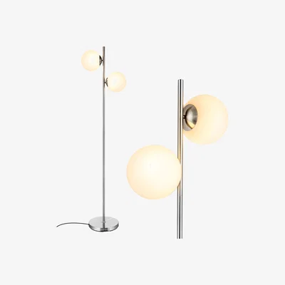 The Range 2 Head Frosted Glass Globe Corner Pole Lamp - Silver