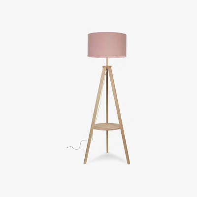 The Range Light Wood Tripod Design Floor Lamp With Storage Shelf And Pink Drum Shade - Brown