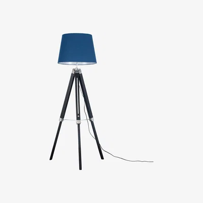 The Range Black Wood And Silver Chrome Tripod Floor Lamp With Navy Blue Light Shade - Black