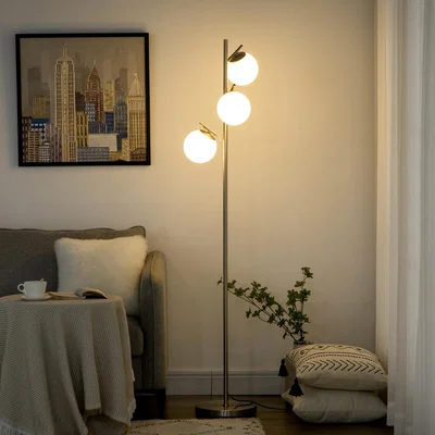 The Range Modern Floor Lamp Living Room Bedroom, 3 Light Tree Standing Lamp - Silver, White