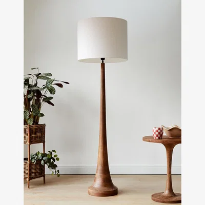 Rose & Grey Mango Wood Floor Lamp with Large Warm White Linen Shade