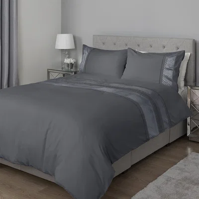 The Range Charcoal Geo Velvet Stripe Duvet Cover and Pillowcase Set - Double