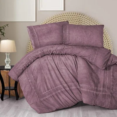 The Range Organic Cotton Lace Embroidered Double Duvet Cover Pillowcase Set - Dusty Rose