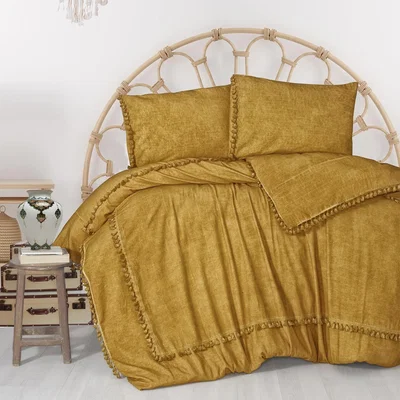 The Range Organic Cotton Pompom Double Duvet Cover and Pillowcase Set - Mustard