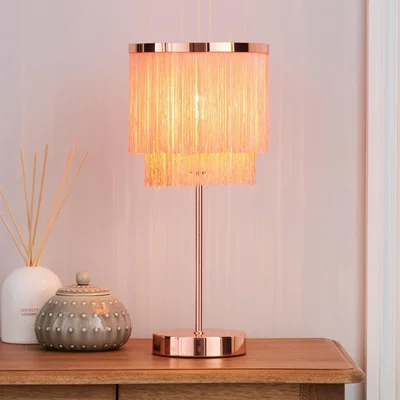 Dunelm Jaz Fringe Pink Table Lamp Pink and Silver