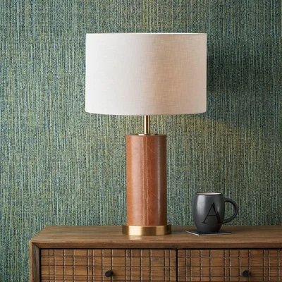 Dunelm Laurence Tan Leather and Brass Cylindrical Table Lamp with 35cm Linen Drum Shade Tan