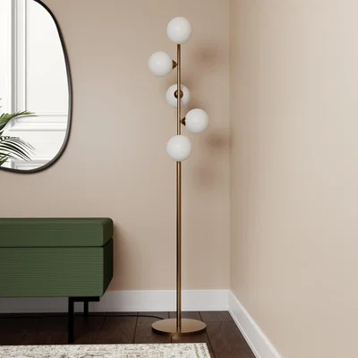 Furniture123 5 Light Brass & Opal Glass Globe Floor Lamp - Salerno