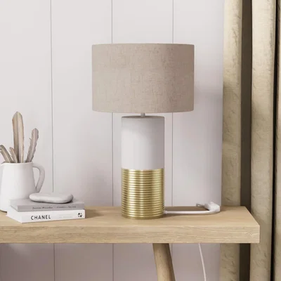 Furniture123 White and Brass Table Lamp with Linen Shade - Denton