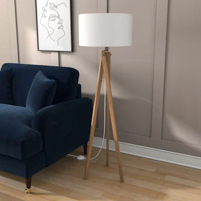 Furniture123 Wooden Tripod Standing Floor Lamp with White Shade - Whenby