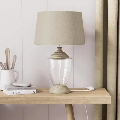 Furniture123 Glass Table Lamp with Linen Shade and Wooden Base - Sussex