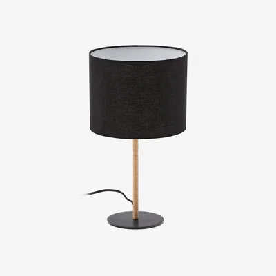 Kave Home Pina metal and rattan table lamp with a black cotton lamp shade and a UK adapter