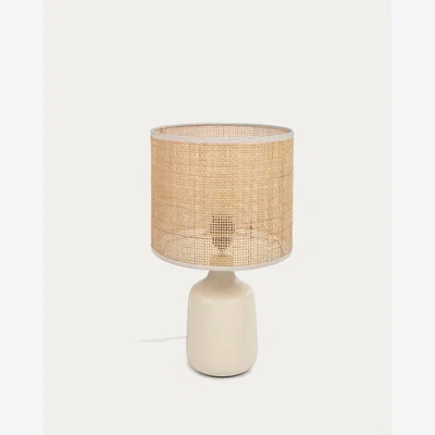 Kave Home Erna table lamp in white ceramic and bamboo with natural finish adapter UK