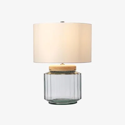Olivia's Elstead Luga Table Lamp Metalwork Polished Nickel Glassware Clear and Natural Wood Light
