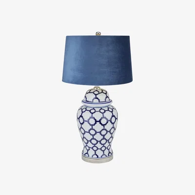 Olivia's Hill Interiors Acanthus Blue And White Ceramic Lamp with Blue Velvet Shade