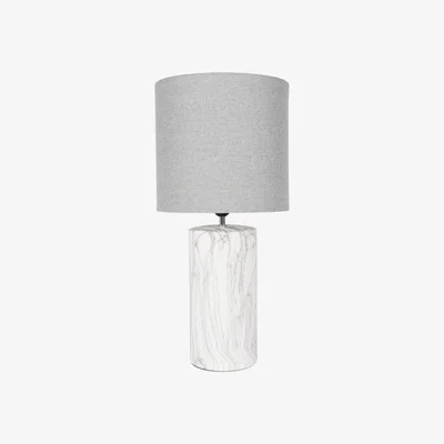 Olivia's Libra Calm Neutral Collection - Marble Effect Column Table Lamp with Grey Drum Shade / Small