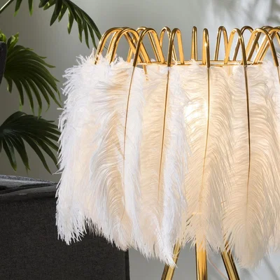 Quatropi Quatropi White Feather Tripod Table Lamp 60cm - Gold Metal Tripod Legs