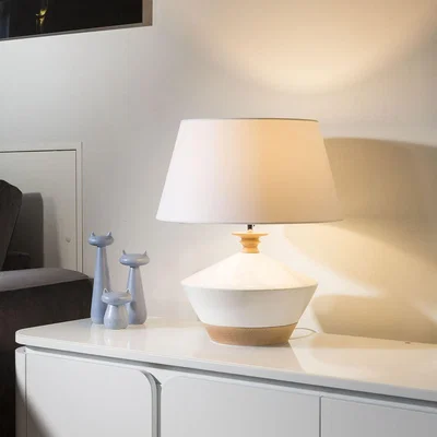 Quatropi Envy Lighting Modern Designer Round White and Oak Table Lamp Wenda