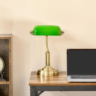 The Range Banker's Table Lamp with Antique Bronze Base - Green