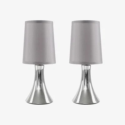 The Range Pair Of Modern Chrome Trumpet Touch Table Lamps With Grey Fabric Shade - Silver