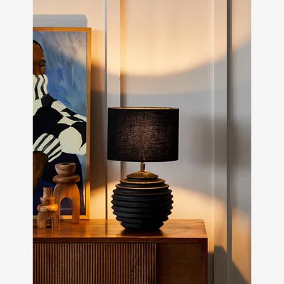 Rose & Grey Black Renzo Mango Wood Table Lamp with Small Black Linen Shade