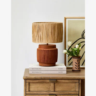 Rose & Grey Terracotta Table Lamp with Wicker Lampshade