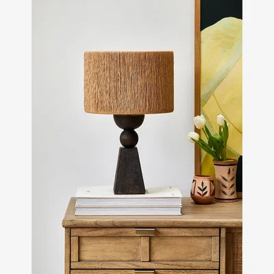 Rose & Grey Geometric Wooden Table Lamp With Wicker Lampshade