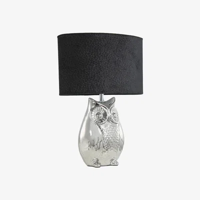 Teddy Beau Deco Home Silver Oval Owl Table Lamp With Black Shade / White