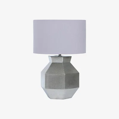 Teddy Beau Deco Home 48cm Silver Ceramic Hexagon Table Lamp With Grey Linen Shade