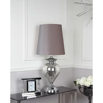 Teddy Beau Deco Home Large Chrome Glass Regal Lamp With Grey Shade / Chrome